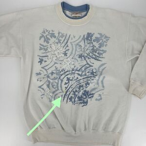 Vintage 90s Morning Sun Cream Blue Snowflake Bling Grandma Sweatshirt L **READ**